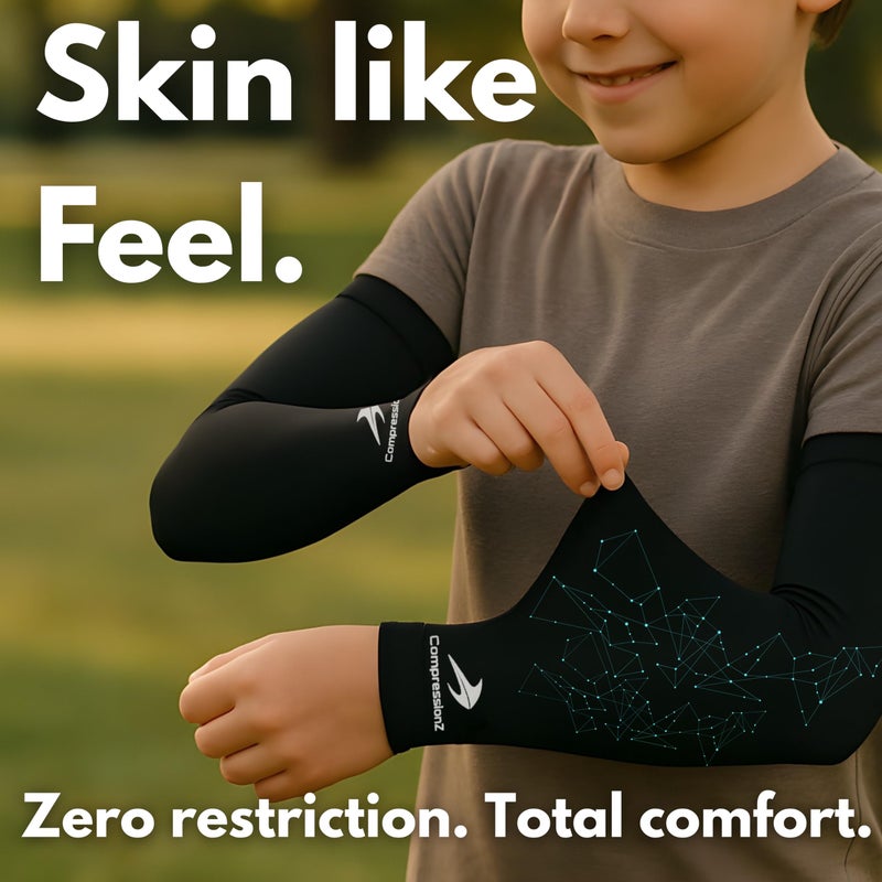 CompressionZ Youth Arm Sleeves Sports | Kids Cooling UV Protection Football, Basketball, Baseball, Volleyball, Boys & Girls Black Pair Medium - Image 5